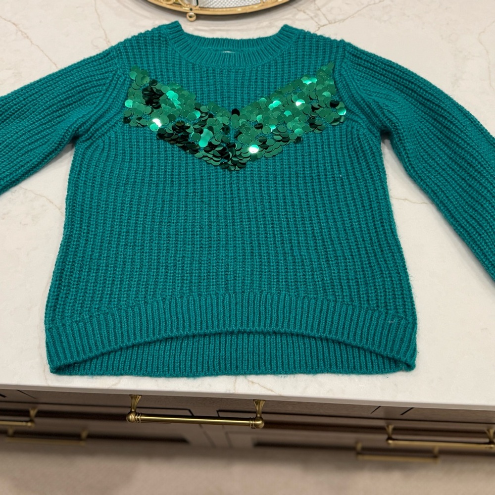 Boden Teal Sweater with Green Sequins